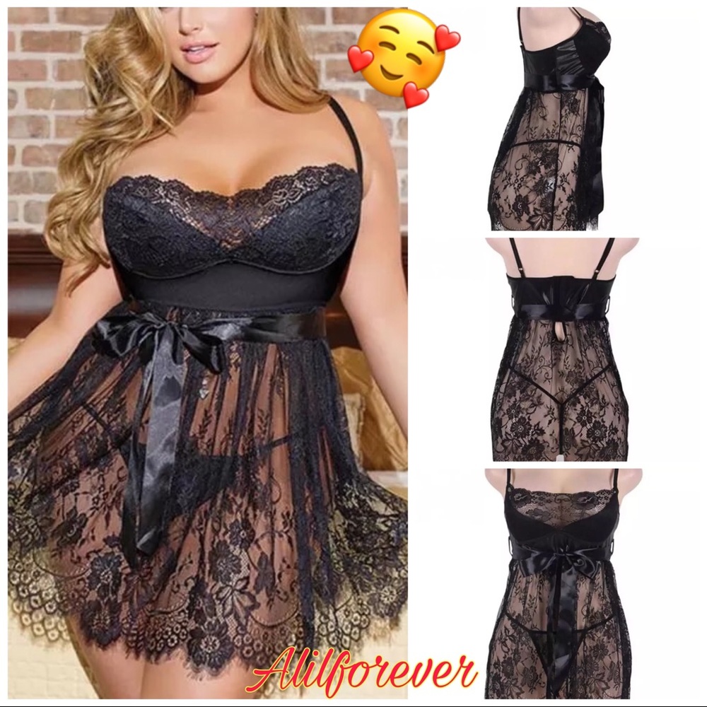 π Plus Size Super Sexy Babydoll Black Lingerie - Picture 3 of 4